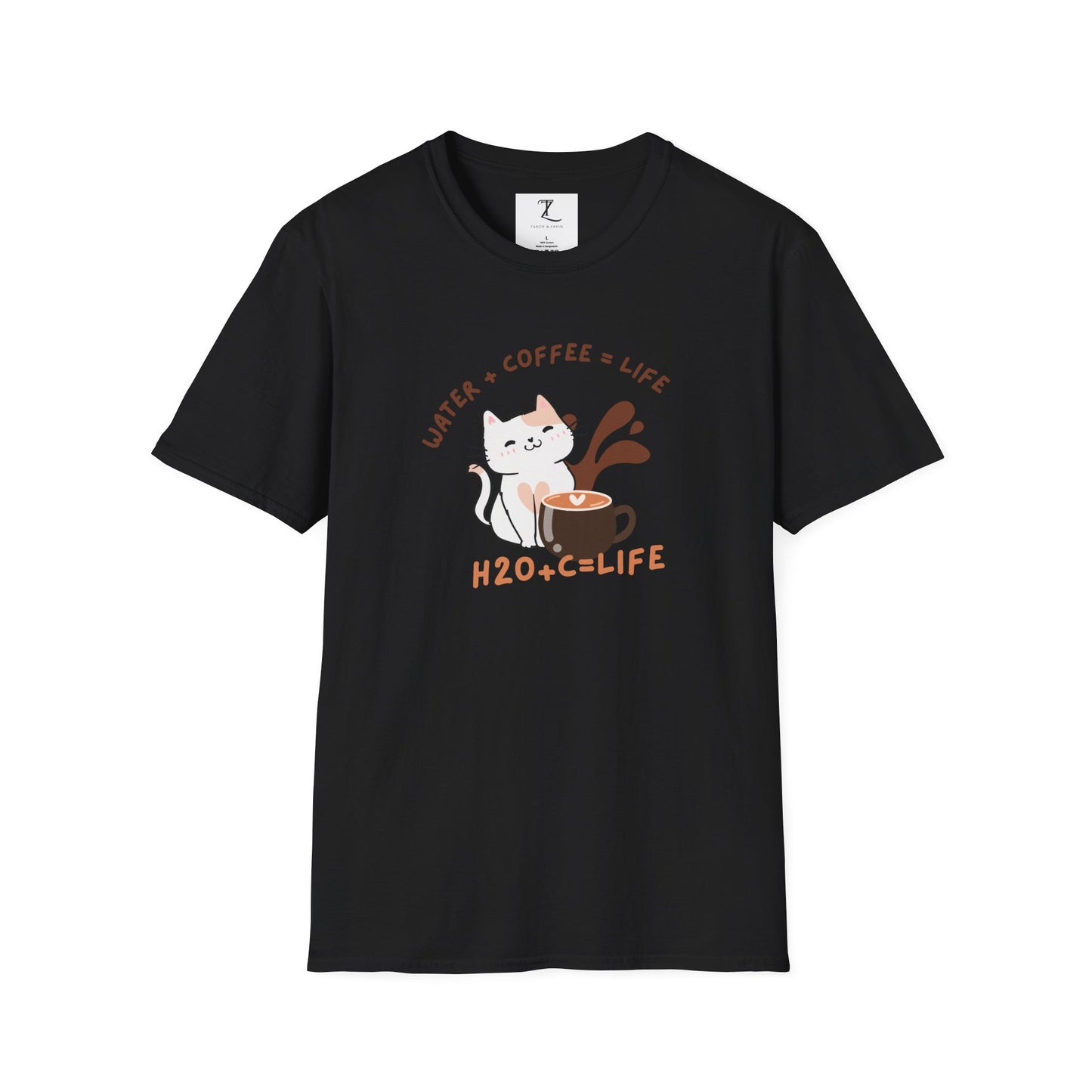 Funny Cat Coffee Lover T-Shirt | H2O + C = Life