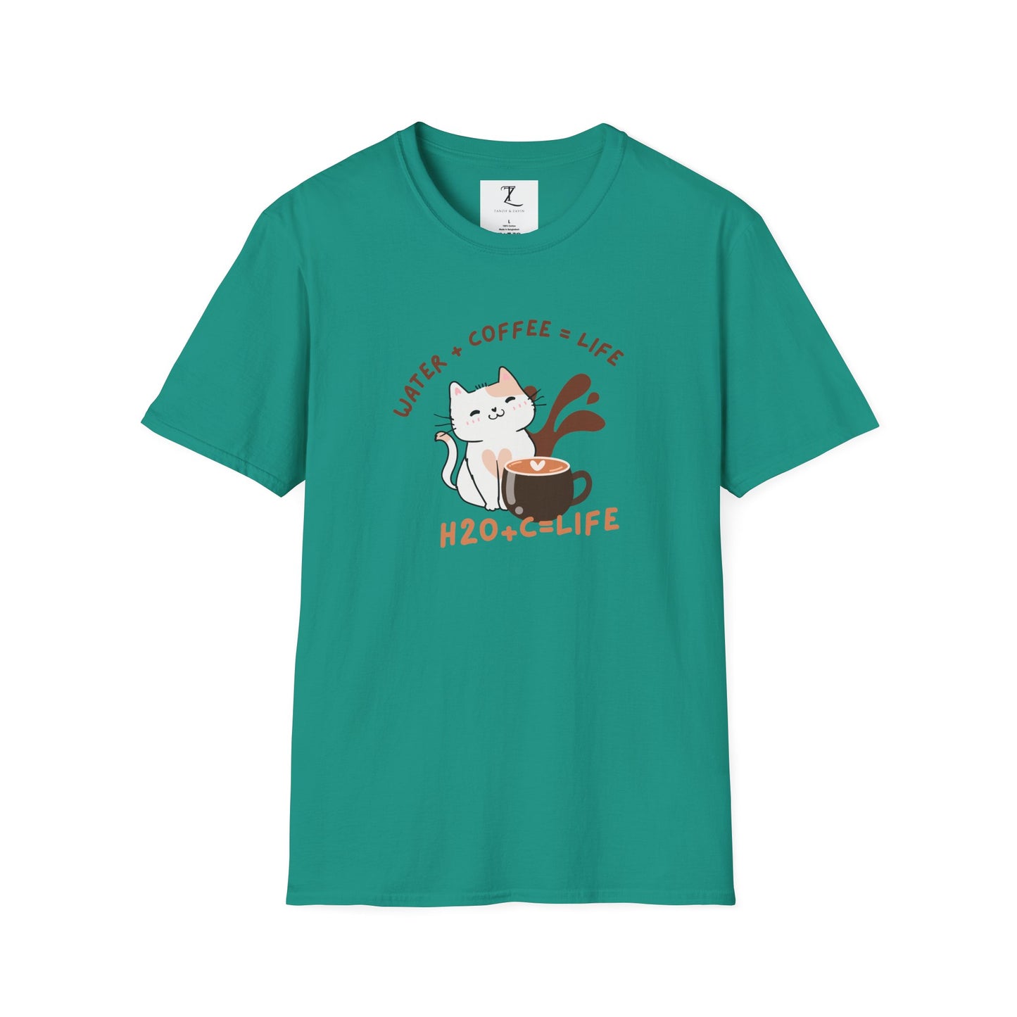 Funny Cat Coffee Lover T-Shirt | H2O + C = Life